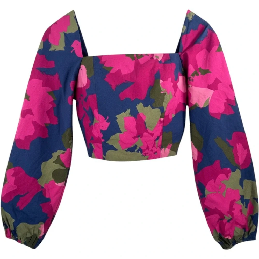 Banana Republic Crop Croset Top sz S Pink Floral Puff Sleeve Open Back boho